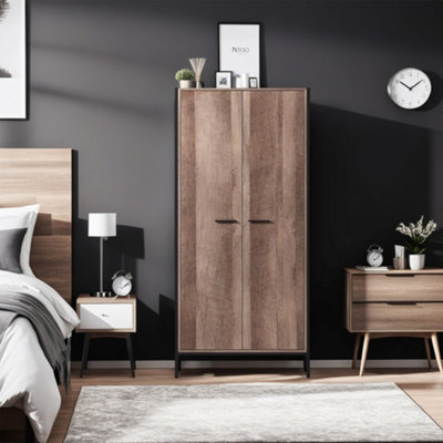 FWStyle 2 Door Double Wardrobe Cracked Oak Industrial Inspired Design