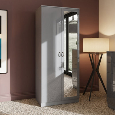 FWStyle 2 Door Mirrored Wardrobe Grey Gloss Scratch Resistant Bedroom Furniture
