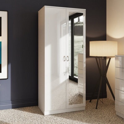 FWStyle 2 Door Mirrored Wardrobe White Gloss Scratch Resistant Bedroom Furniture