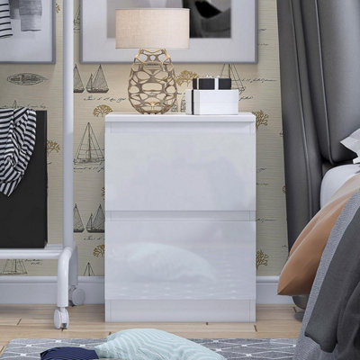 FWStyle 2 Drawer Bedside White Gloss Scratch Resistant (H) 55 (W) 40 (D) 40cm