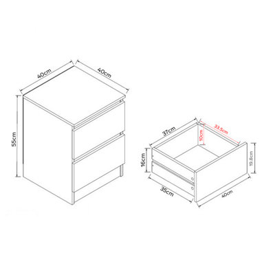 FWStyle 2 Drawer Bedside White Gloss Scratch Resistant (H) 55 (W) 40 (D) 40cm