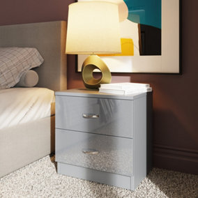 FWStyle 2 Drawer High Gloss Grey Bedside Table Nightstand