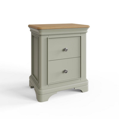 FWStyle 2 Drawer Solid Sage Green Oak Bedside Chest Table Ready Assembled