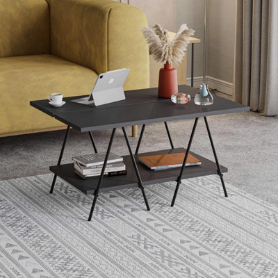 FWStyle 2 Tier Coffee Table Scratch Resistant Black Metal Frame Anthracite Grey
