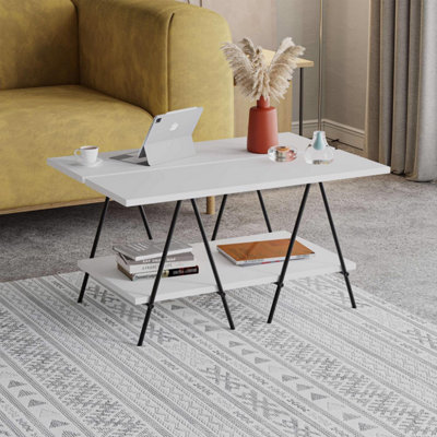 FWStyle 2 Tier Coffee Table Scratch Resistant Black Metal Frame Painted White