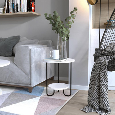 FWStyle 2 Tier Side Table Black Metal Frame Scratch Resistant Painted White