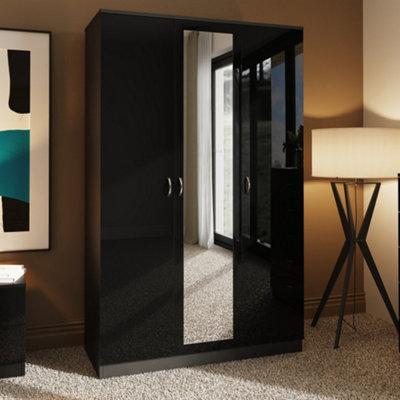 FWStyle 3 Door Mirrored Triple Wardrobe High Gloss Black