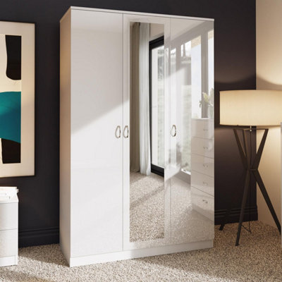 FWStyle 3 Door White Gloss Mirrored Triple Wardrobe (H) 180 (W) 120 (D ...