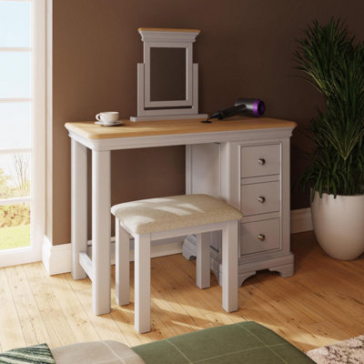 FWStyle 3 Drawer Dressing Table Stool & Mirror Set Solid Oak Dove Grey Painted Finish