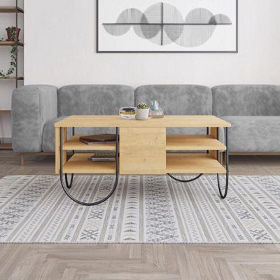 FWStyle 3 Tier Natural Oak Coffee Table Scratch Resistant Black Metal Frame