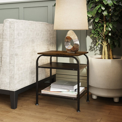 FWStyle 3 Tier Walnut Effect Side Table Black Metal Frame