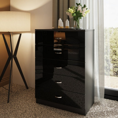 FWStyle 5 Drawer Chest Of Drawers Black Gloss Bedroom Furniture