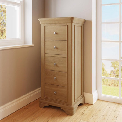 FWStyle 5 Drawer Chest Of Drawers Ready Assembled Natural Solid Oak Lacquered Finish