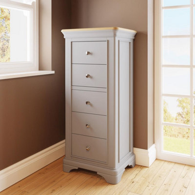 FWStyle 5 Drawer Chest Of Drawers Ready Assembled Solid Oak Dove Grey Painted Finish