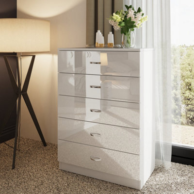 FWStyle 5 Drawer Chest Of Drawers White Gloss Bedroom Furniture