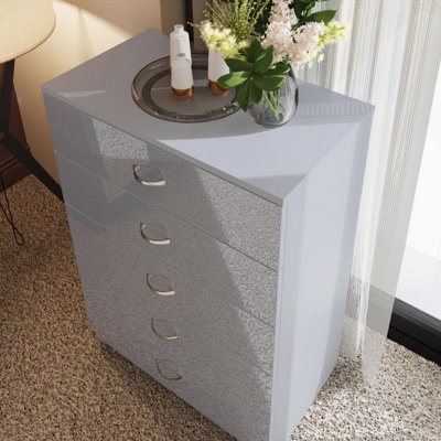 FWStyle 5 Drawer Gloss Grey Chest Of Drawers Scratch Resistant