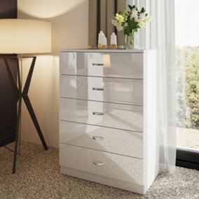FWStyle 5 Drawer High Gloss White Chest Of Drawers
