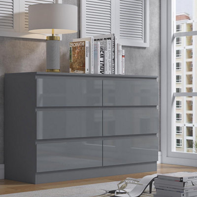 FWStyle 6 Drawer Chest Of Drawers Grey Gloss Scratch Resistant Anti Bowing Bedroom Furniture