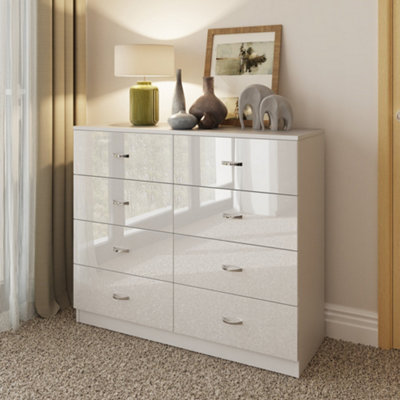 FWStyle 8 Drawer Chest Of Drawers 4+4 High Gloss White Bedroom Furniture