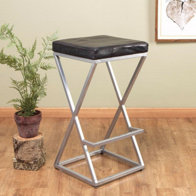 FWStyle Bar Stool Genuine Black Leather Silver Metal Frame Ready Assembled
