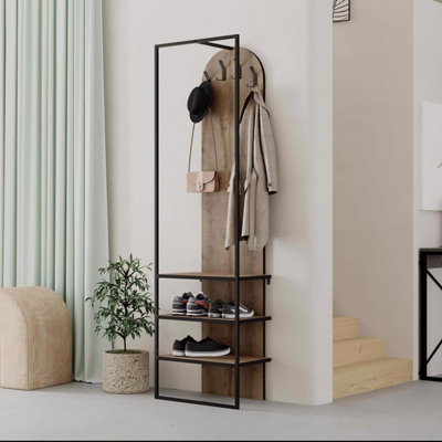 FWStyle Dark Oak Hallway Coat Rack With Shoe Storage