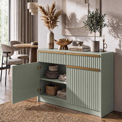 FWStyle Green Fluted 2 Door 2 Drawer Sideboard Storage Unit Scratch ...