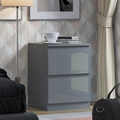 FWStyle Grey Gloss 2 Drawer Bedside Chest Table 40% Extra Storage
