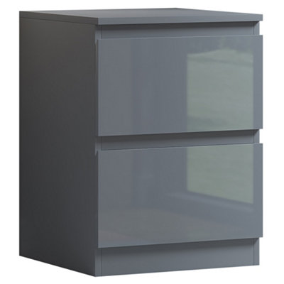 FWStyle Grey Gloss 2 Drawer Bedside Chest Table 40% Extra Storage