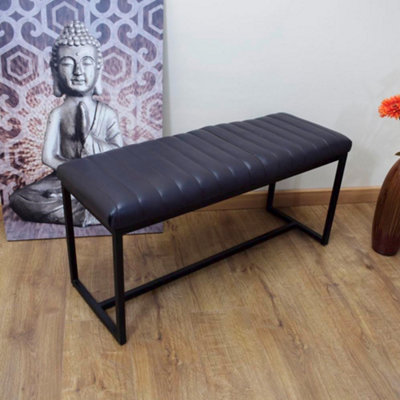 FWStyle Handmade Indoor Bench Genuine Grey Leather Metal Frame Ready Assembled