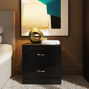FWStyle High Gloss Black 2 Drawer Bedside Table Nightstand