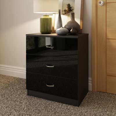 FWStyle High Gloss Black 3 Drawer Bedside Table Nightstand