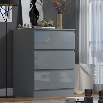 FWStyle High Gloss Grey Chest Of 3 Drawers Scratch Resistant Anti Bowing Bedroom Furniture