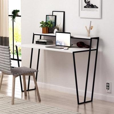 FWStyle Home Office Modern Student Study Desk Matt White Black Metal Frame