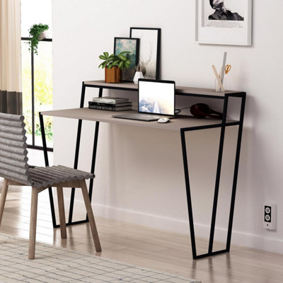 FWStyle Home Office Modern Student Study Desk Mocha Grey Black Metal Frame