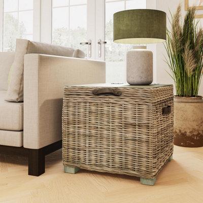 FWStyle Kubu Rattan Lift Up Greywash Pine Storage Side Table Ready Assembled