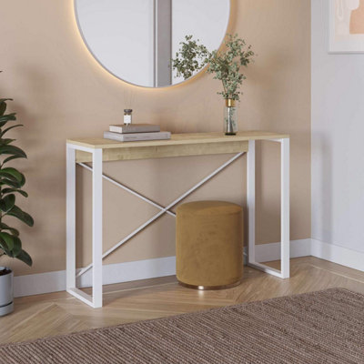 FWStyle Metal Frame Console Table Cross Supports Natural Oak Modern Design
