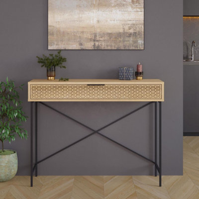FWStyle Naive 1 Drawer Console Table Sapphire Oak Effect Metal Frame Push Open