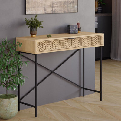 FWStyle Oak Effect Large Console Table 1 Push Open Drawer Metal Frame