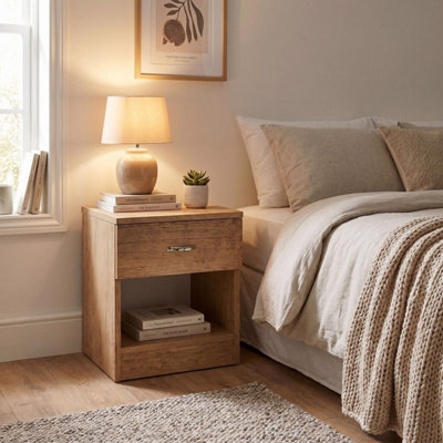 FWStyle Promo Bedside Table Chest Of Drawers Oak Nightstand 1 Drawer Open Storage (H) 47 (W) 40 (D) 36cm