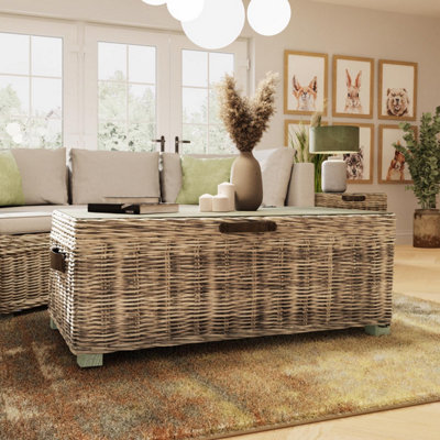 FWStyle Ready Assembled Lift Up Storage Coffee Table Kubu Rattan Greywash Pine