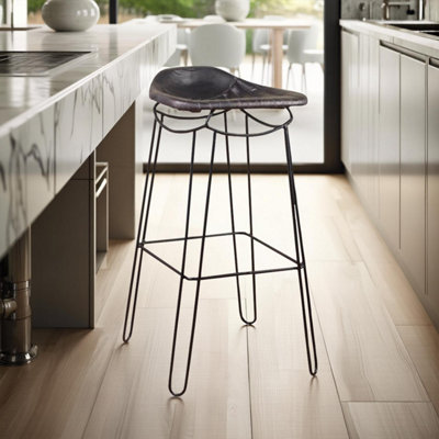 FWStyle Real Black Leather Bar Stool Metal Frame Ready Assembled