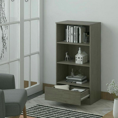 FWStyle Rustic Oak 3 Tier Bookcase With Storage Drawer