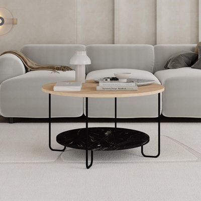 FWStyle Scratch Resistant 2 Tier Coffee Table Oak & Black Marble Metal Frame