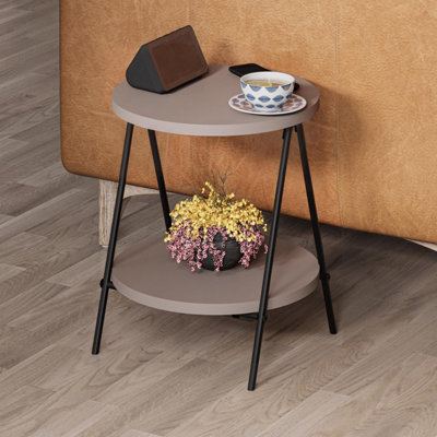FWStyle Scratch Resistant 2 Tier Round Side Table Metal Frame Mocha Grey