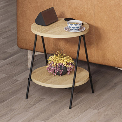 FWStyle Scratch Resistant 2 Tier Round Side Table Metal Frame Natural Oak