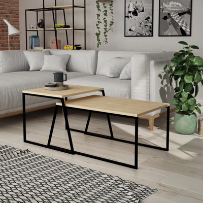 FWStyle Scratch Resistant Set Of 2 Nesting Coffee Tables Natural Oak Finish