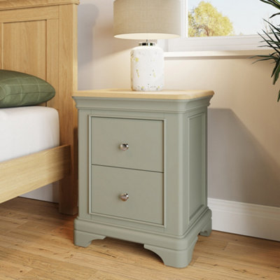 FWStyle Solid Oak 2 Drawer Bedside Table Night Stand Sage Green Painted Finish