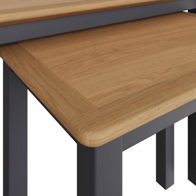 FWStyle Solid Oak Nest Of 2 Graphite Blue Tables Ready Assembled