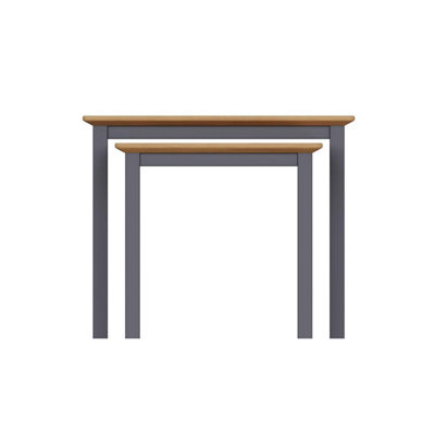 FWStyle Solid Oak Nest Of 2 Graphite Blue Tables Ready Assembled