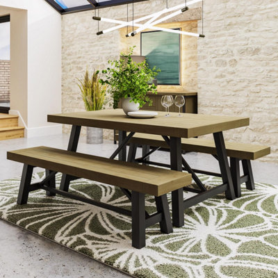 FWStyle Solid Pine 1.6M Dining Table Set With 2 x 1.2M Dining Bench & Free Extension Leaf